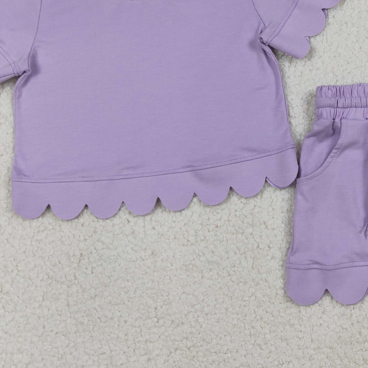 RTS NO MOQ GSSO3171 Baby Girls Lavender Short Sleeve Shirt with Pockets Scallop Edge Shorts Clothing Set Infant Outfit for Girls
