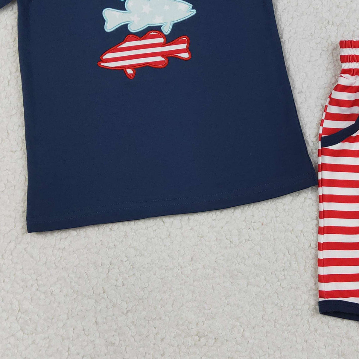 RTS NO MOQ BSSO1741 Embroidered Fish Baby Boys Outfit with Stripe Top And Shorts Clothing Set for 4th of July