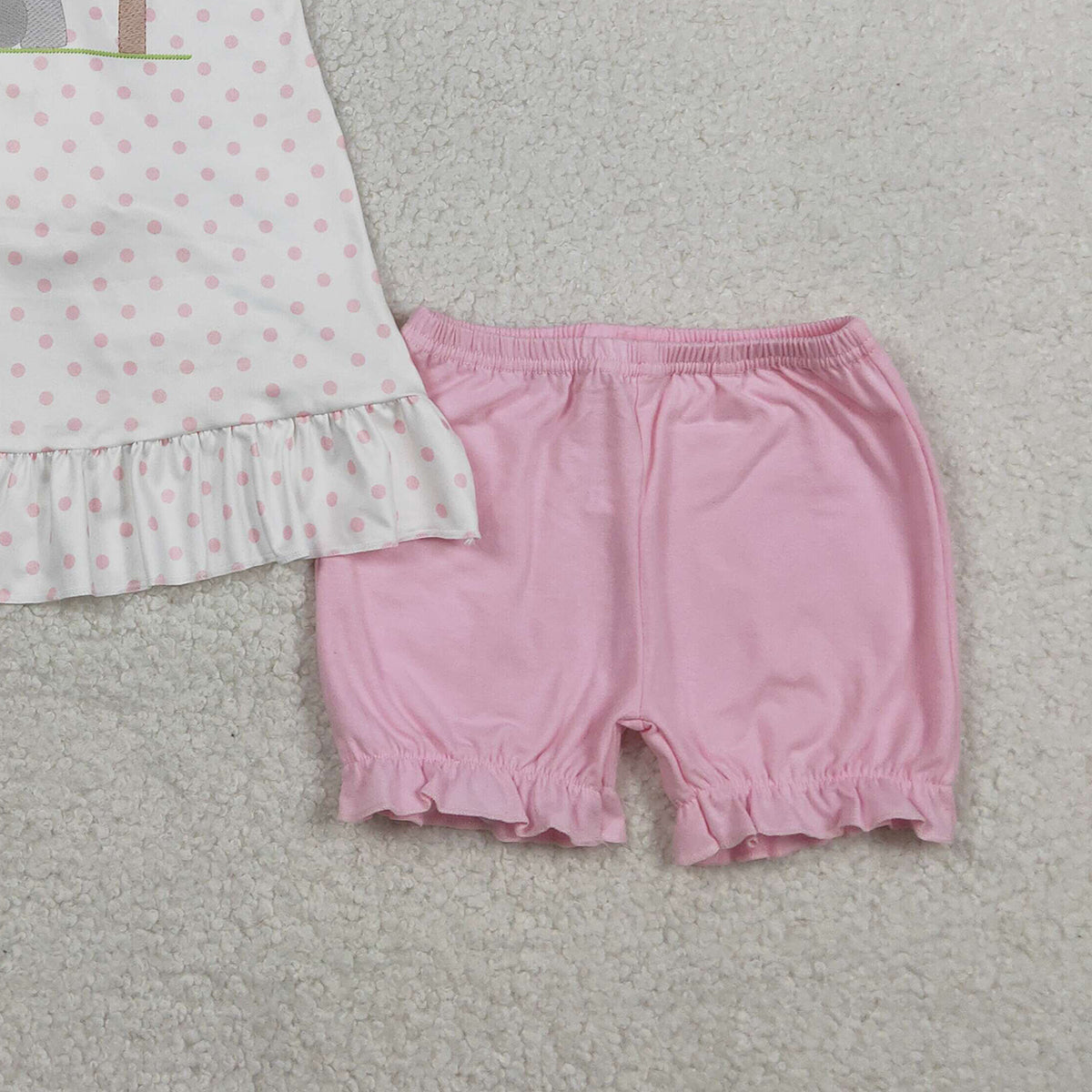 RTS NO MOQ GSSO3018 Baby Girls Easter Outfit Set Cross Polka Dots Back Bow Tunic with Ruffle Shorts