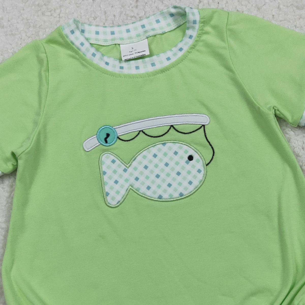 RTS NO MOQ SR3750 Baby Boys Green Short Sleeve Rompers Embroidery Fishes Hunting Outfit for Infants