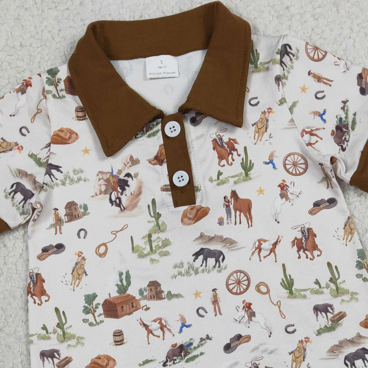 RTS NO MOQ SR3882 Baby Boys Western Short Rompers Button Horse Rodeos Cactus Print Outfit for Infants