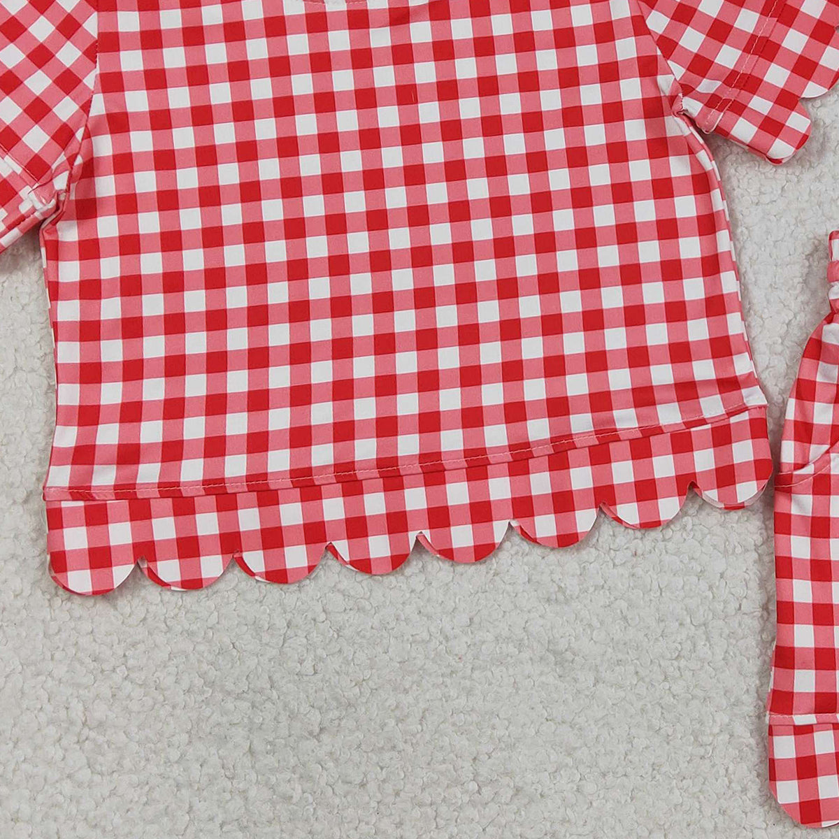 RTS NO MOQ GSSO3187 Baby Girls Red Checked Shirt Top with Pockets Short Scallop Design Clothes Set Outfit for Infants