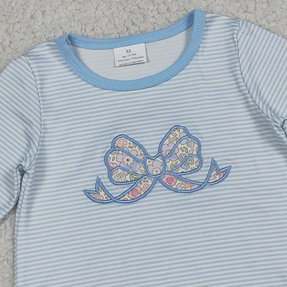 RTS NO MOQ LR2917 Baby Girls Blue Stripe Ruffle Rompers Embroidery Floral Bow
