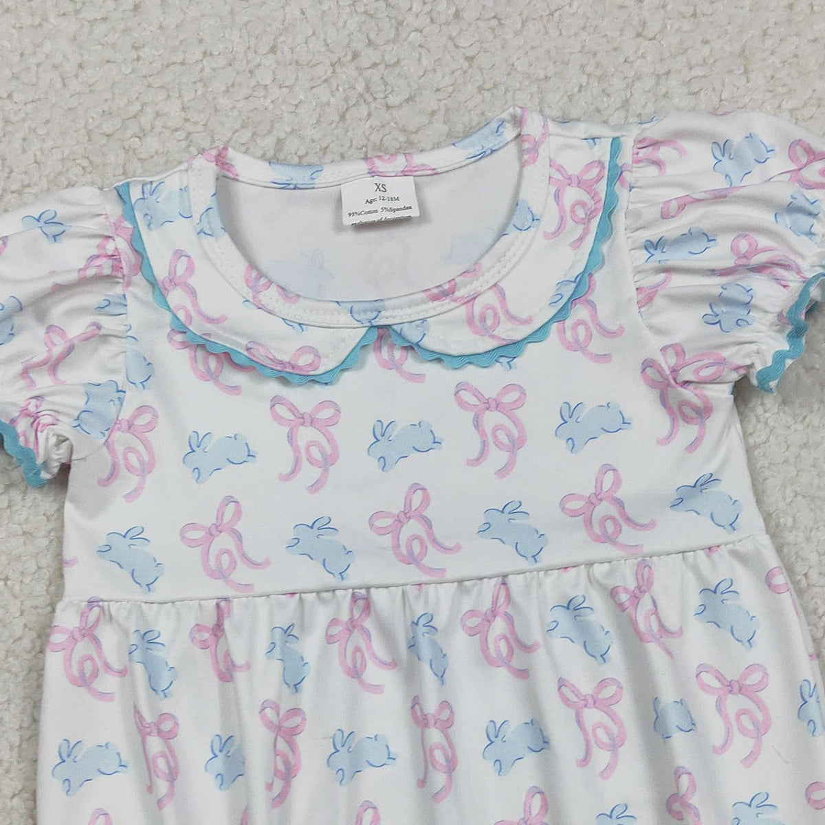 RTS NO MOQ SR3938 Baby Girls Easter Themed Ruffle Rompers with Short Sleeves Bow Detail And Cute Rabbit Collar for Infants