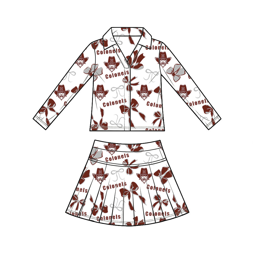 custom moq 5 mix size  XY072507 Baby Girls Summer Bow Print Long Sleeve Top Pleated Skirt Two Piece Team Yoga Outfit