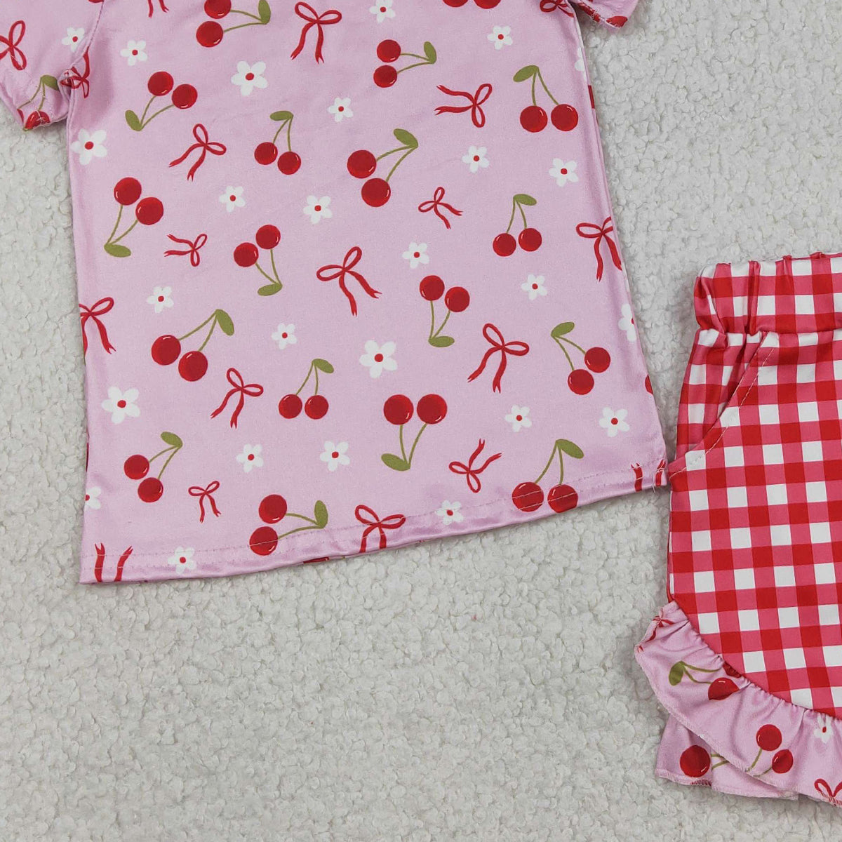 RTS NO MOQ GSSO3470 Baby Girls Cherry Blossom Print Top And Checked Ruffle Shorts Outfit Set Cute Children's Clothing