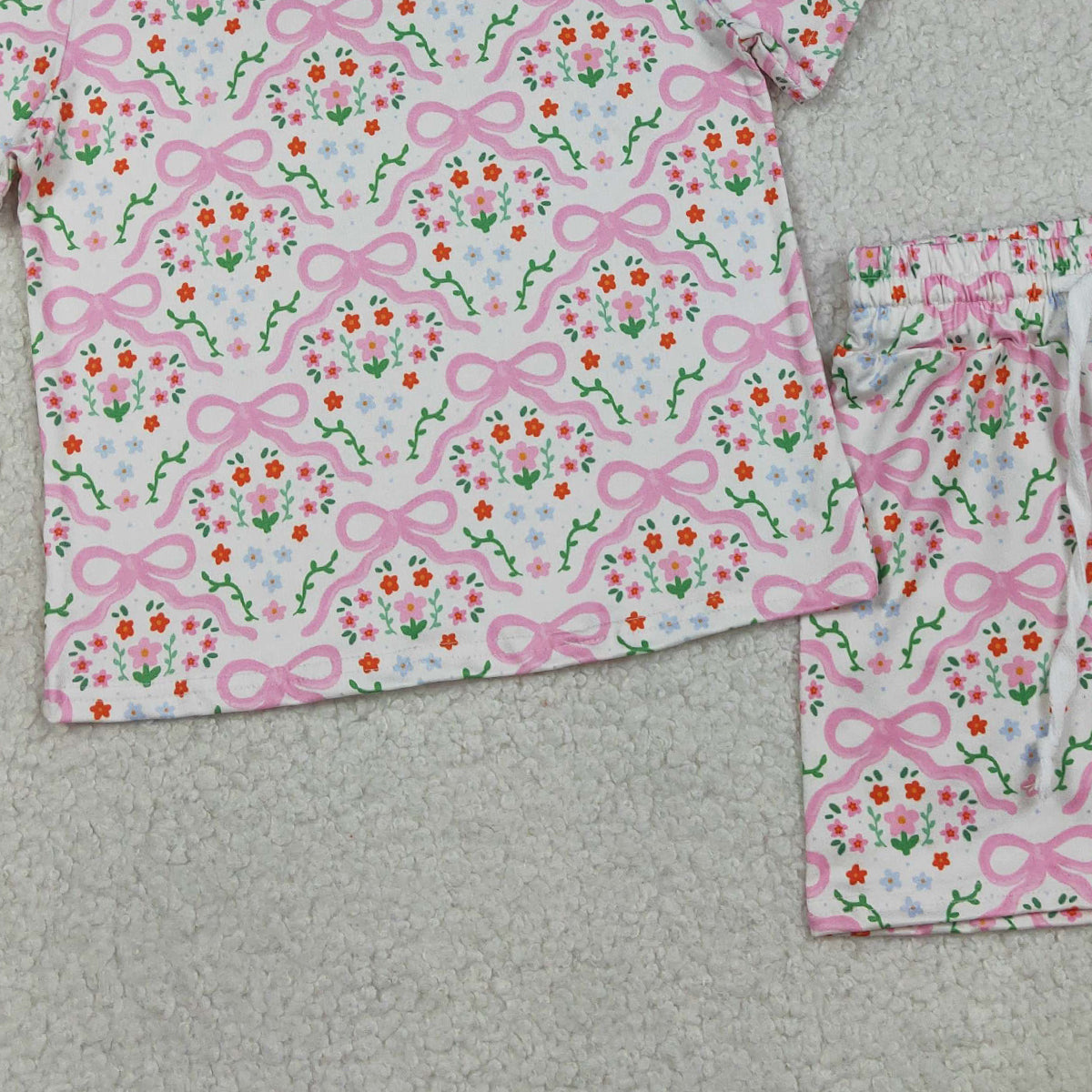 RTS NO MOQ Baby Girls Short Sleeve Bows Flowers Checked Top Shorts Slouchy Set