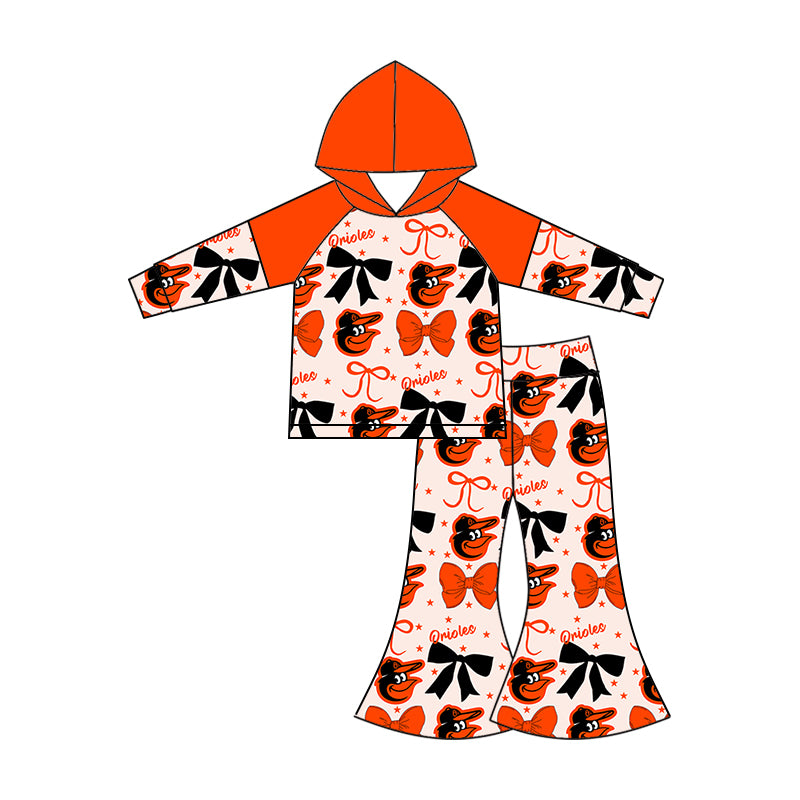 Custom moq 5 mix size milk silk summer teams baby girls clothes team bow orange long sleeve hooded pants sets and dress 1 and dress 2 and top-25.6.17