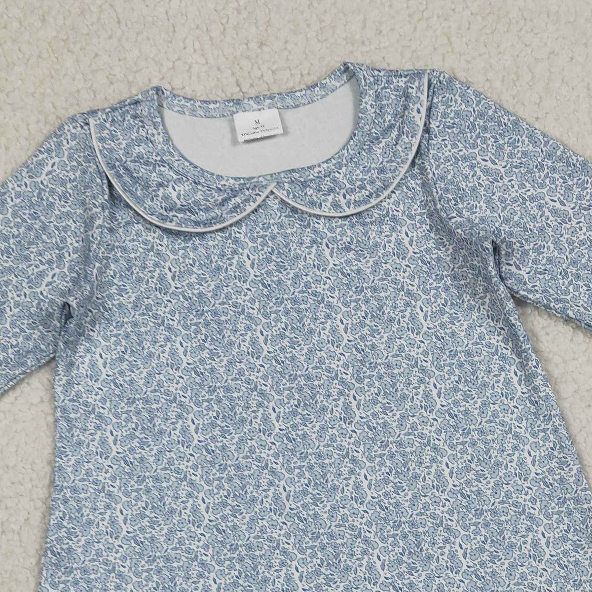 RTS NO MOQ GLD1424 Baby Girls Long Sleeve Blue Floral Collar Ruffle Knee-Length Dress Cute Infant Girl Outfit