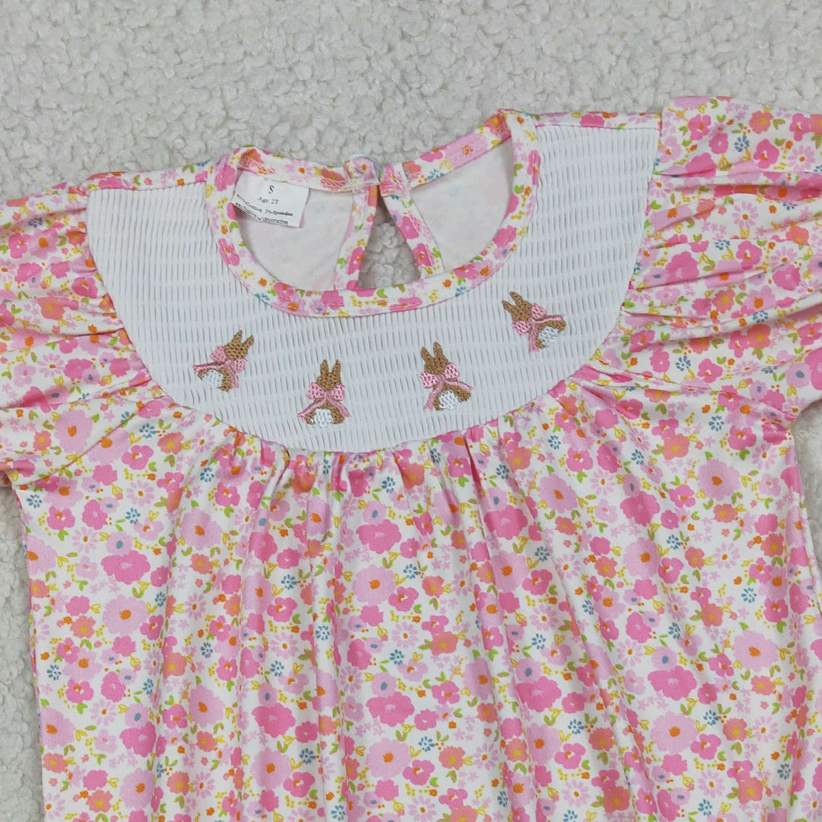 RTS NO MOQ SR3785 Baby Girls Pink Flowers Easter Ruffle Rompers Smocked Bow Rabbits Summer Outfit for Infants