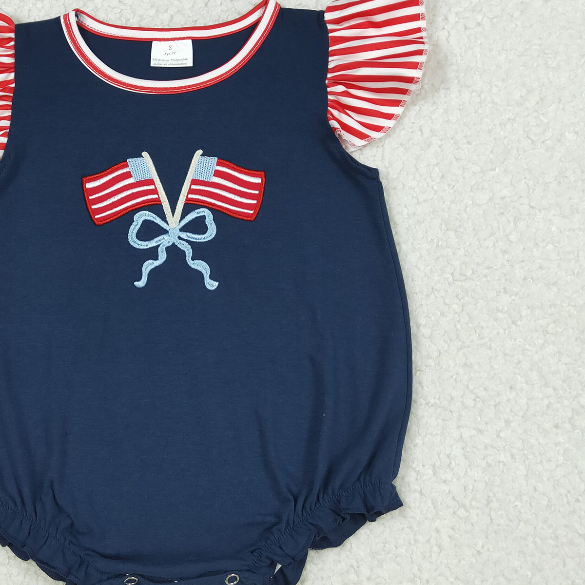 RTS NO MOQ SR3903 Baby Girls' 4th of July Ruffle Rompers with Embroidery Bows Flags And Flutter Sleeves for Infant Girls