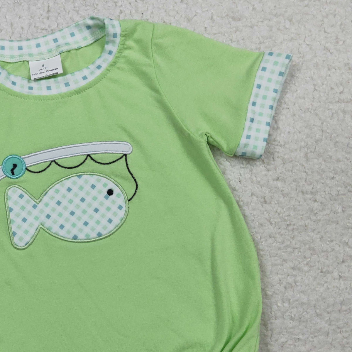 RTS NO MOQ SR3750 Baby Boys Green Short Sleeve Rompers Embroidery Fishes Hunting Outfit for Infants