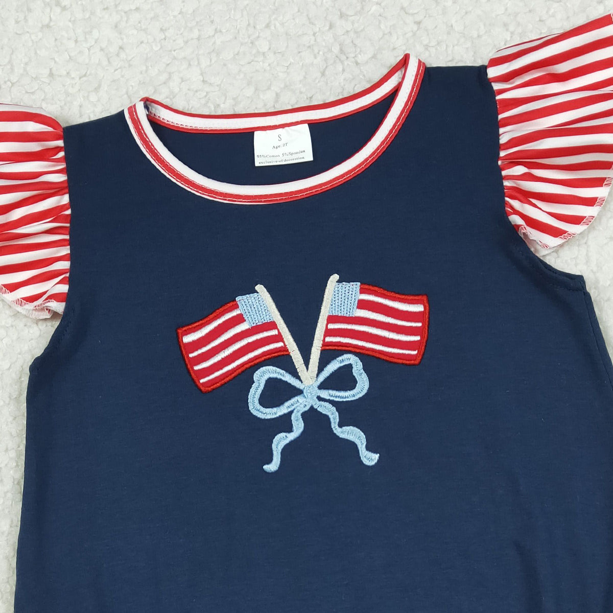 RTS NO MOQ SR3903 Baby Girls' 4th of July Ruffle Rompers with Embroidery Bows Flags And Flutter Sleeves for Infant Girls