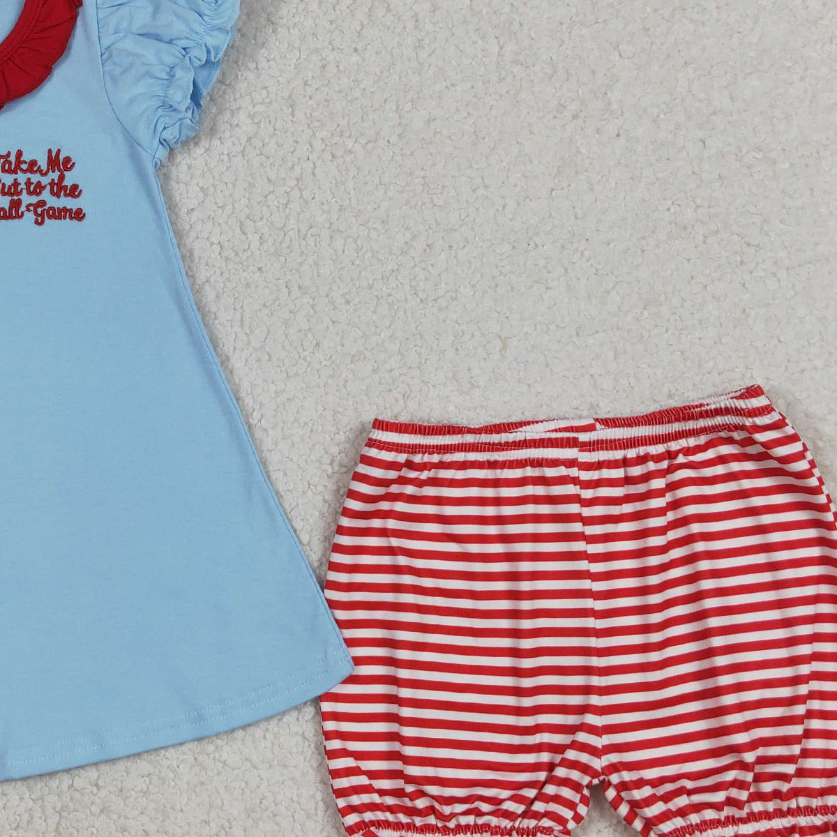 RTS NO MOQ GSSO3245 Baby Girls Embroidery Baseballs Bows Tunic Top with Stripe Ruffle Shorts Team Clothes