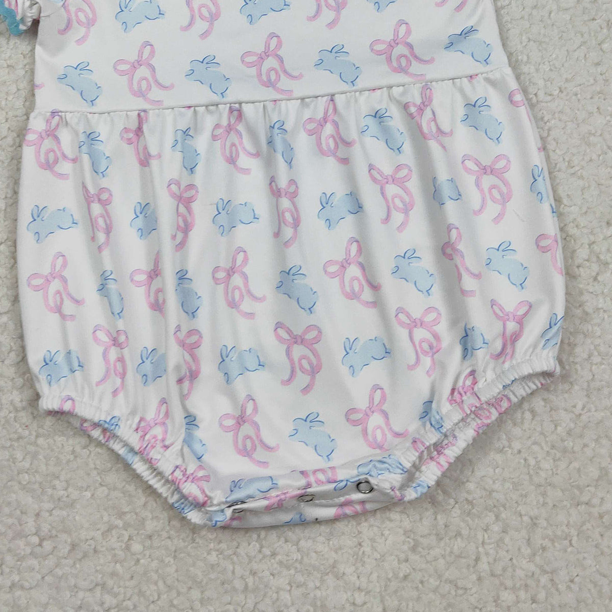 RTS NO MOQ SR3938 Baby Girls Easter Themed Ruffle Rompers with Short Sleeves Bow Detail And Cute Rabbit Collar for Infants