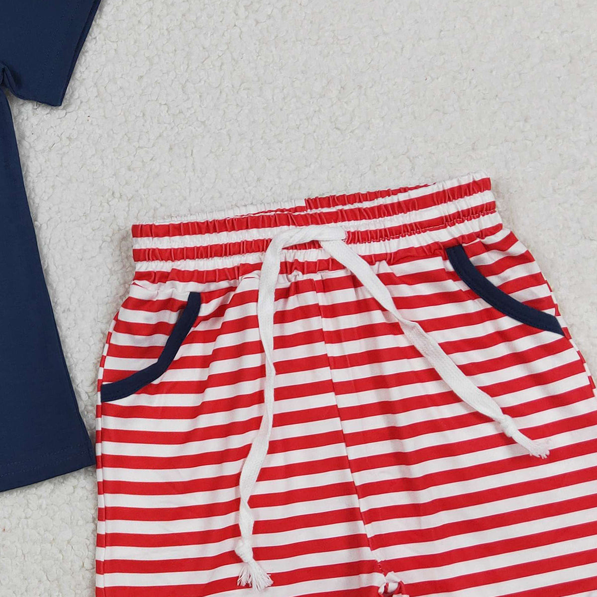 RTS NO MOQ BSSO1741 Embroidered Fish Baby Boys Outfit with Stripe Top And Shorts Clothing Set for 4th of July