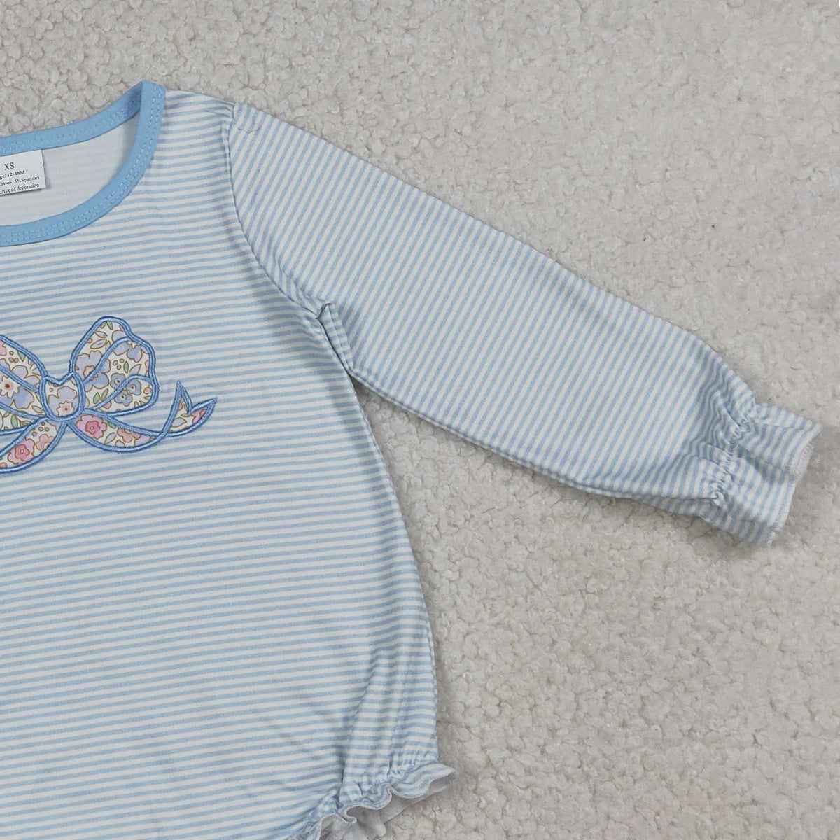 RTS NO MOQ LR2917 Baby Girls Blue Stripe Ruffle Rompers Embroidery Floral Bow