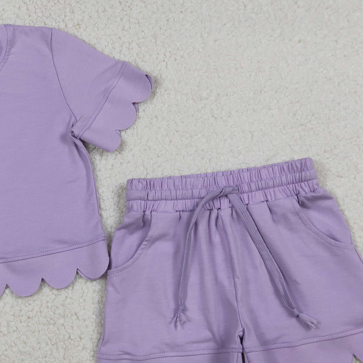 RTS NO MOQ GSSO3171 Baby Girls Lavender Short Sleeve Shirt with Pockets Scallop Edge Shorts Clothing Set Infant Outfit for Girls