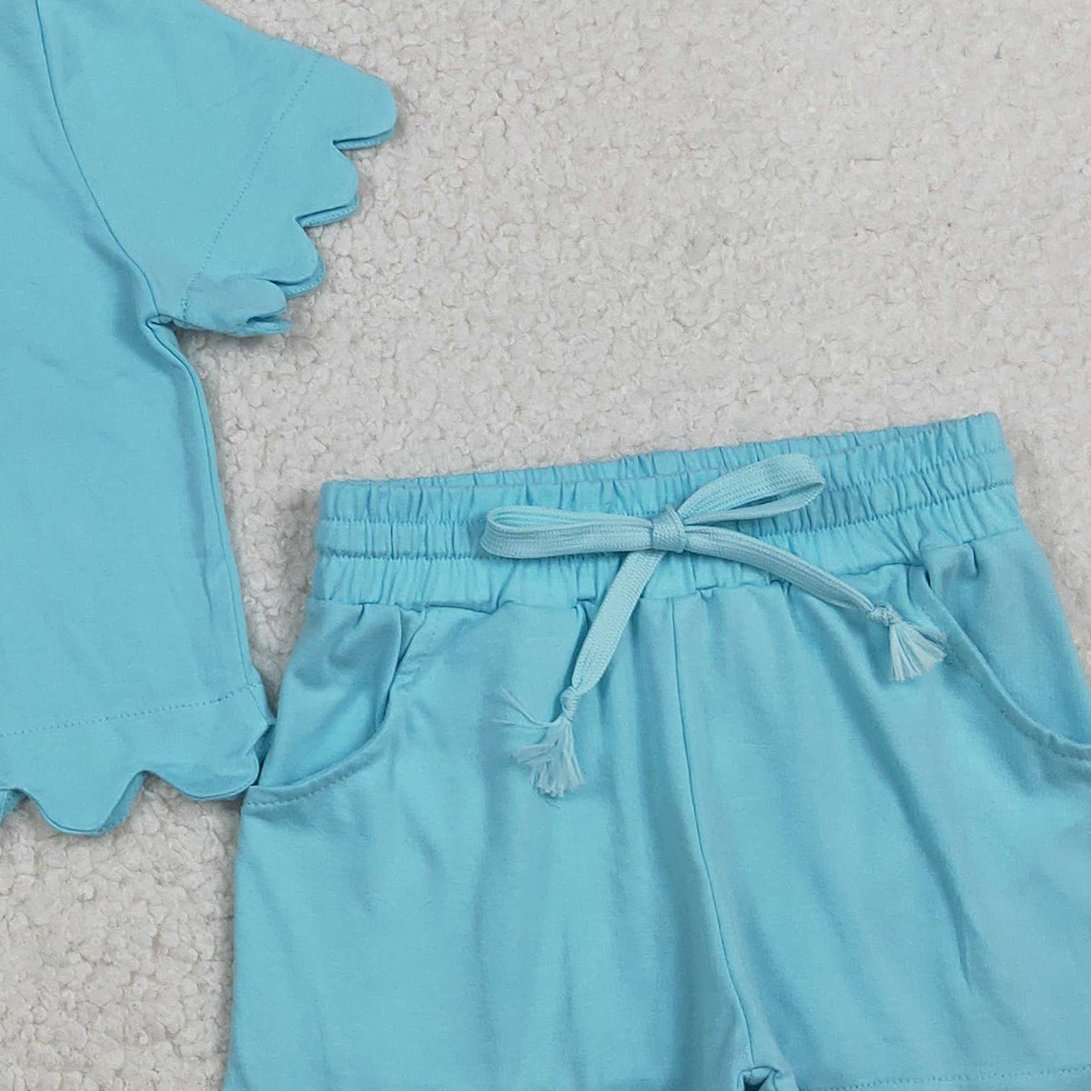 RTS NO MOQ GSSO3180 Baby Girls Blue Short Sleeve Shirt Top with Scallop Trim Matching Shorts Cute Outfit Set for Little Ones
