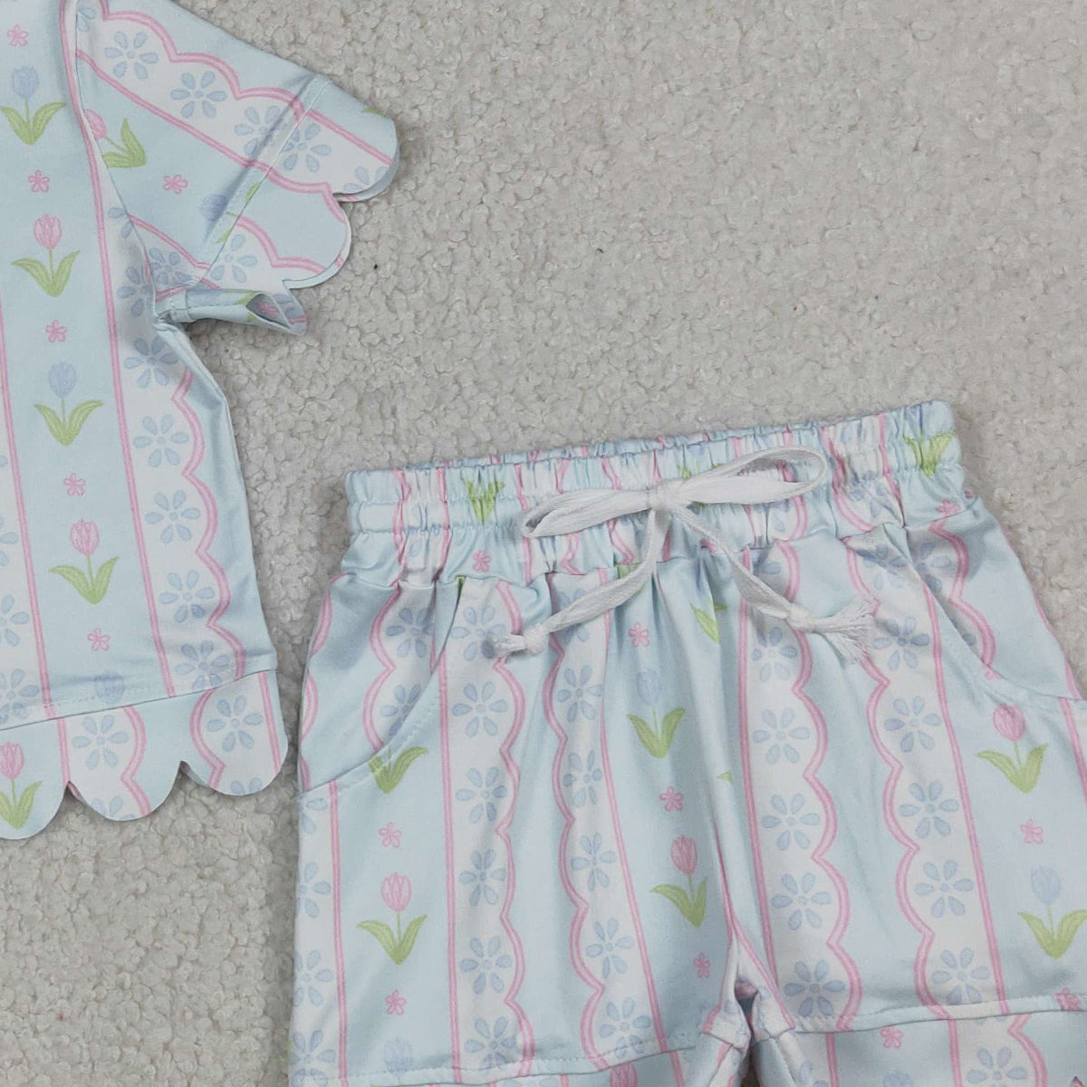 RTS NO MOQ GSSO3412 Baby Girls' Clothes Set with Floral Stripe Top And Scallop Shorts Outfit for Infants