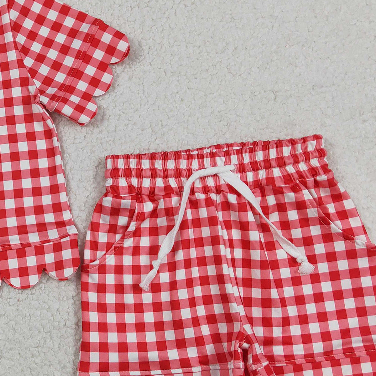 RTS NO MOQ GSSO3187 Baby Girls Red Checked Shirt Top with Pockets Short Scallop Design Clothes Set Outfit for Infants