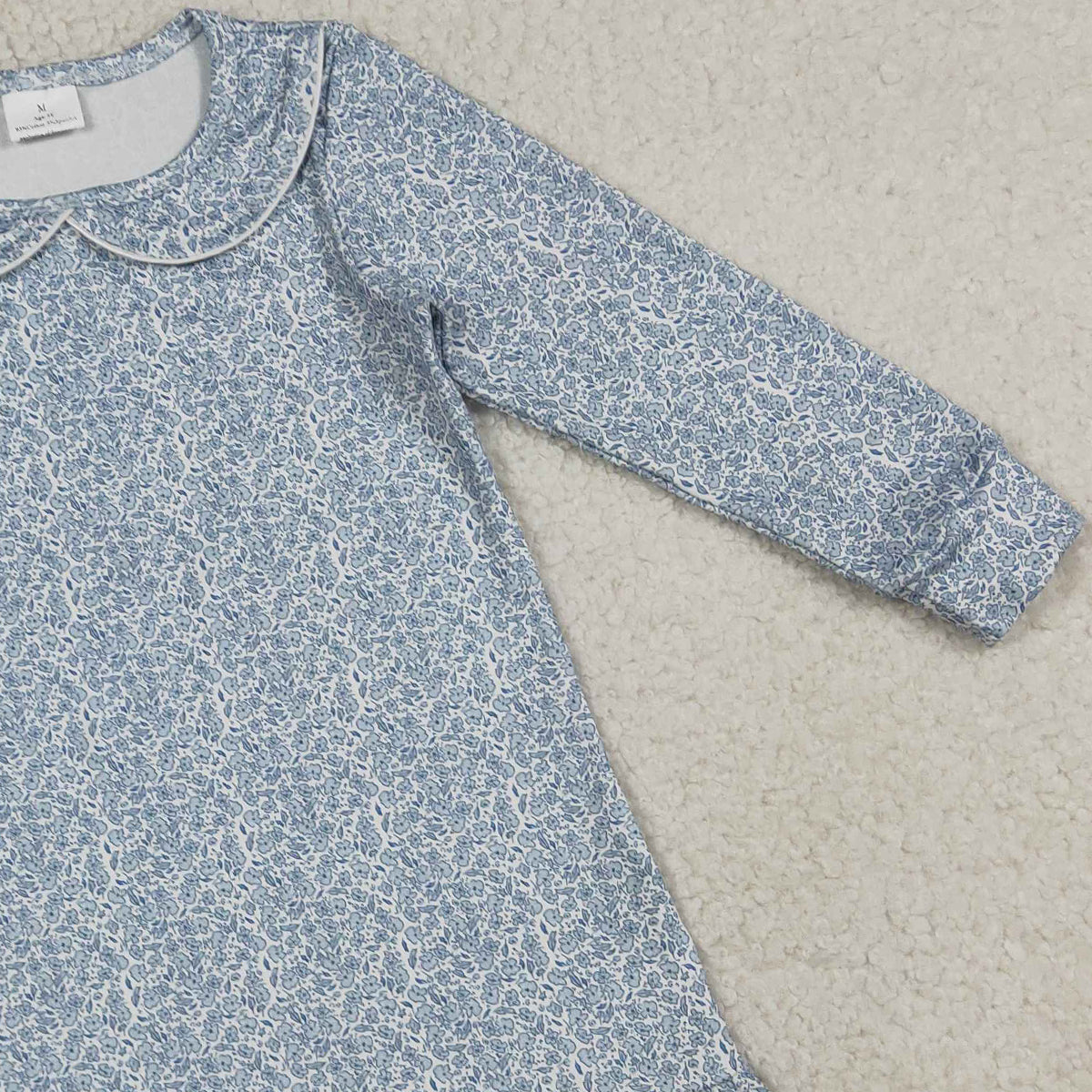 RTS NO MOQ GLD1424 Baby Girls Long Sleeve Blue Floral Collar Ruffle Knee-Length Dress Cute Infant Girl Outfit