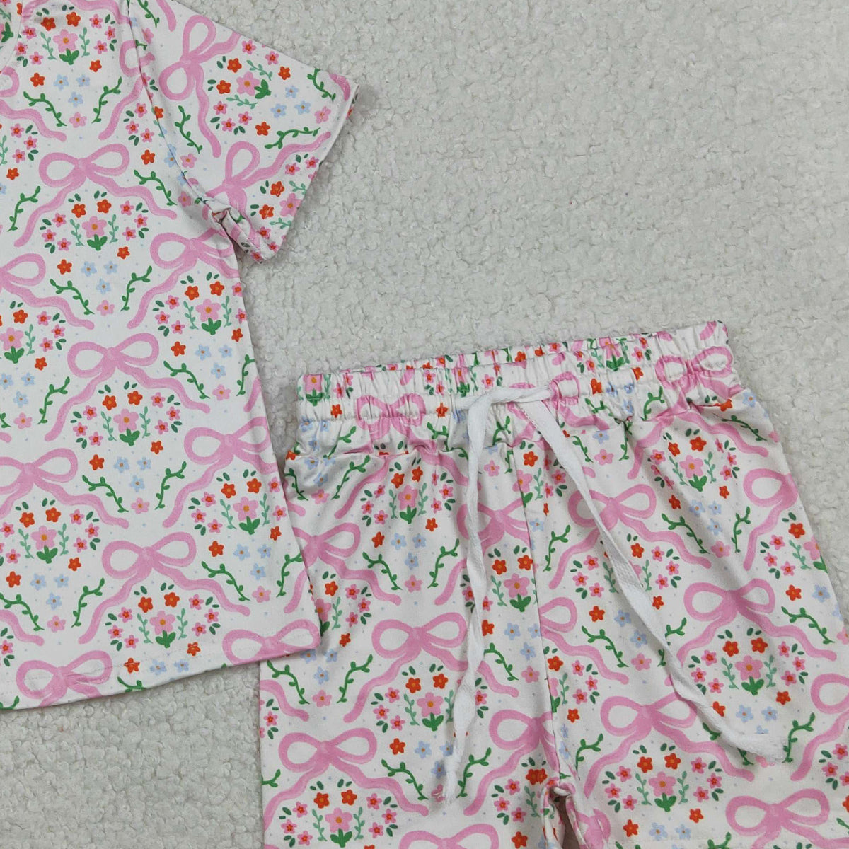RTS NO MOQ Baby Girls Short Sleeve Bows Flowers Checked Top Shorts Slouchy Set