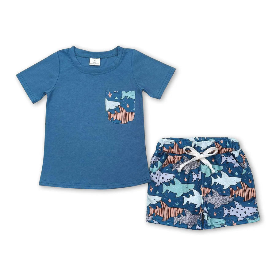 RTS NO MOQ Sibling Baby Boys Sea Sun Short Sleeve Tee Shirts Tops Shorts Clothes Sets
