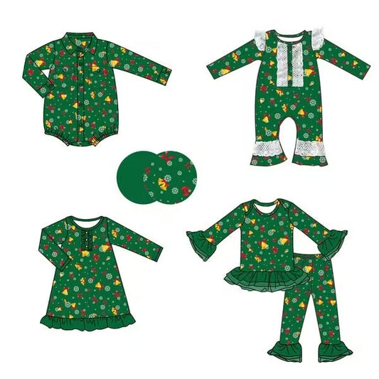 Custom moq 5 each style eta 6-7weeks baby girl clothes green long sleeve pants set and dress and romper 2-25.8.29