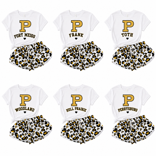 custom moq 5 mix size RLES01 Baby Girls Letter Print Short Sleeve T Shirt Leopard Letter Print Drawstring Shorts Team Outfit Set
