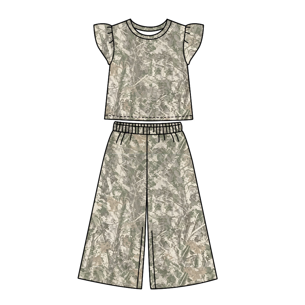 custom moq 5 mix size GSF01 Baby Girls Camo Print  Ruffle Sleeve Top Leg Pant Outfit