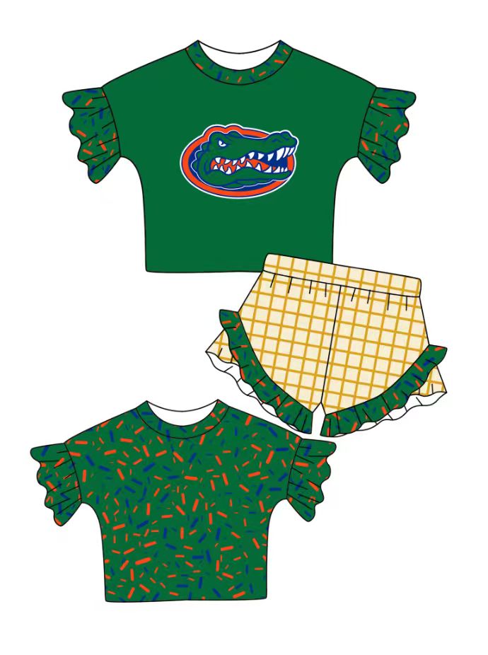 Custom moq 5 mix size milk silk summer teams baby girl clothes green short sleeve shorts sets