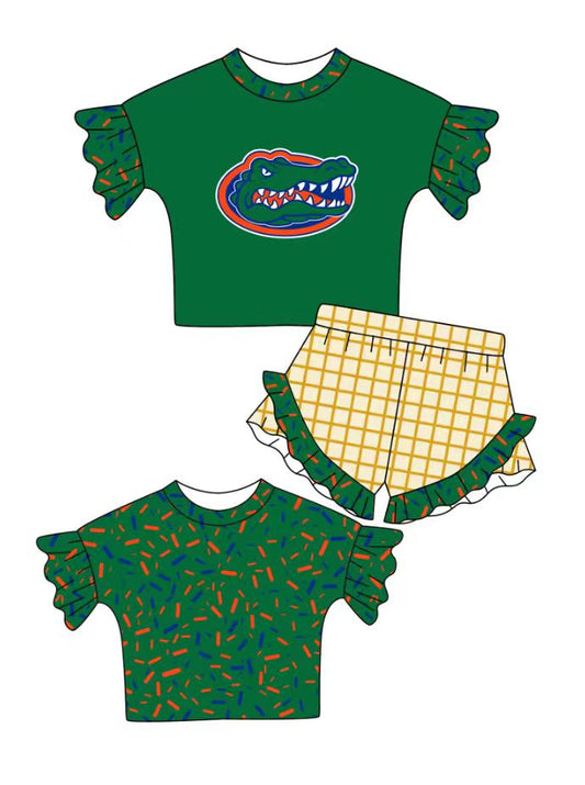 Custom moq 5 mix size milk silk summer teams baby girl clothes green short sleeve shorts sets