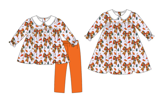 25.8.5 custom each style moq 5eta 4-6week Sibling Sisters bow baby girl long sleeve pants sets and dress match family design