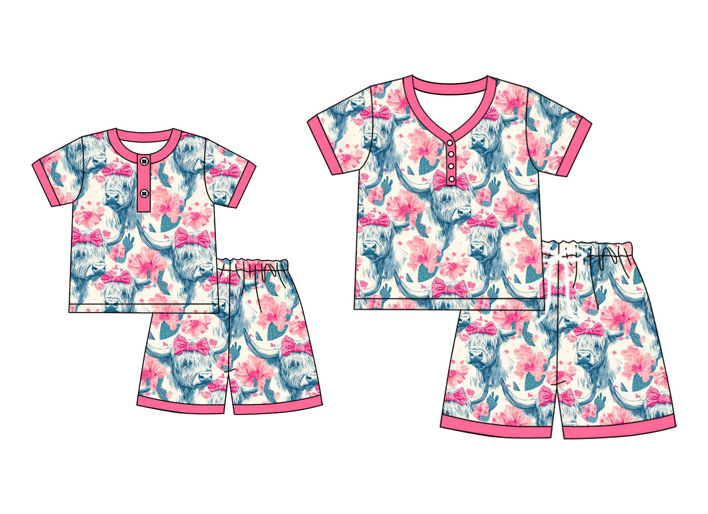 4.21 custom each style moq 5eta 4-6week Sibling Sister cow head bow floral short sleeve shorts sets and adult sets match design