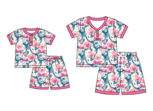 4.21 custom each style moq 5eta 4-6week Sibling Sister cow head bow floral short sleeve shorts sets and adult sets match design