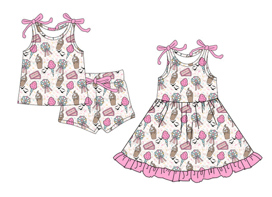 4.4 custom each style moq 5eta 4-6week Sibling Sister ice cream baby girl short sleeve shorts sets and dresses match design