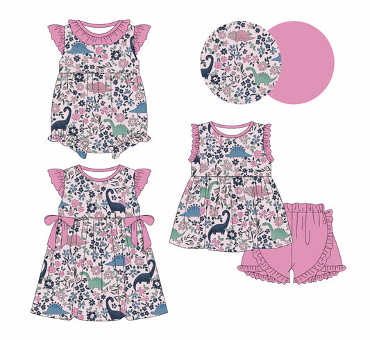 2.15 custom each style moq 5eta 4-6week Sibling Sisters floral dinosaur baby girl short sleeve shorts sets and dress and rompers match family design
