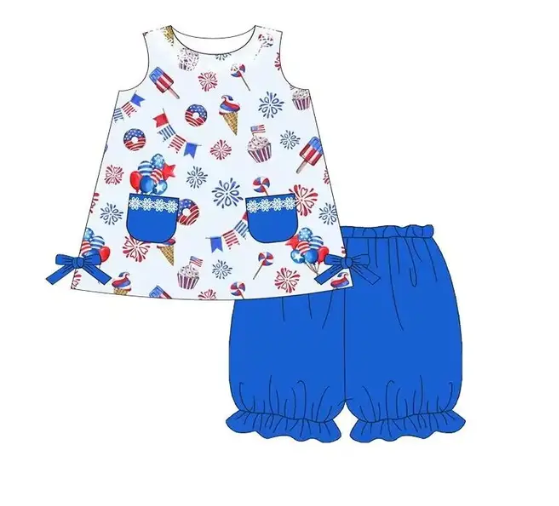 5.17custom each style moq 5eta 4-5week Sibling Sister independence Day print blue girls and boys outfits and baby romper match family design