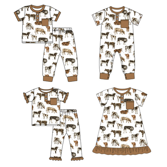 25.9.25 custom each style moq 8 eta 6-8week Sibling Sister cow horse baby short sleeve pants sets 2 and romper and dress match design