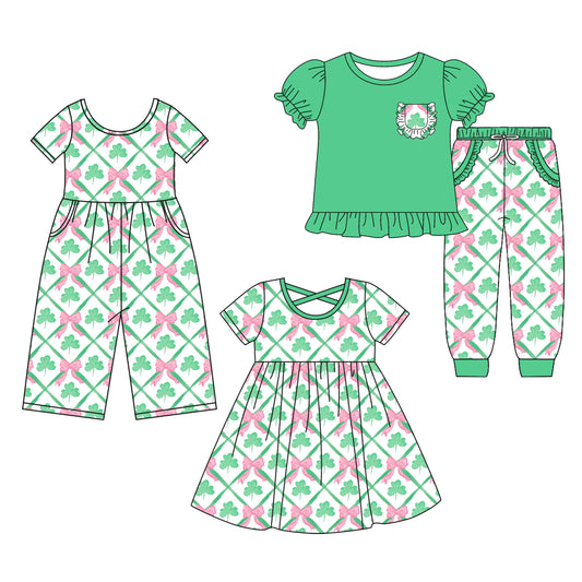 25.9.16 custom each style moq 5eta 6-8week Sibling Sisters green bow baby girl short sleeve shorts sets and dress and jumpsuit match family design