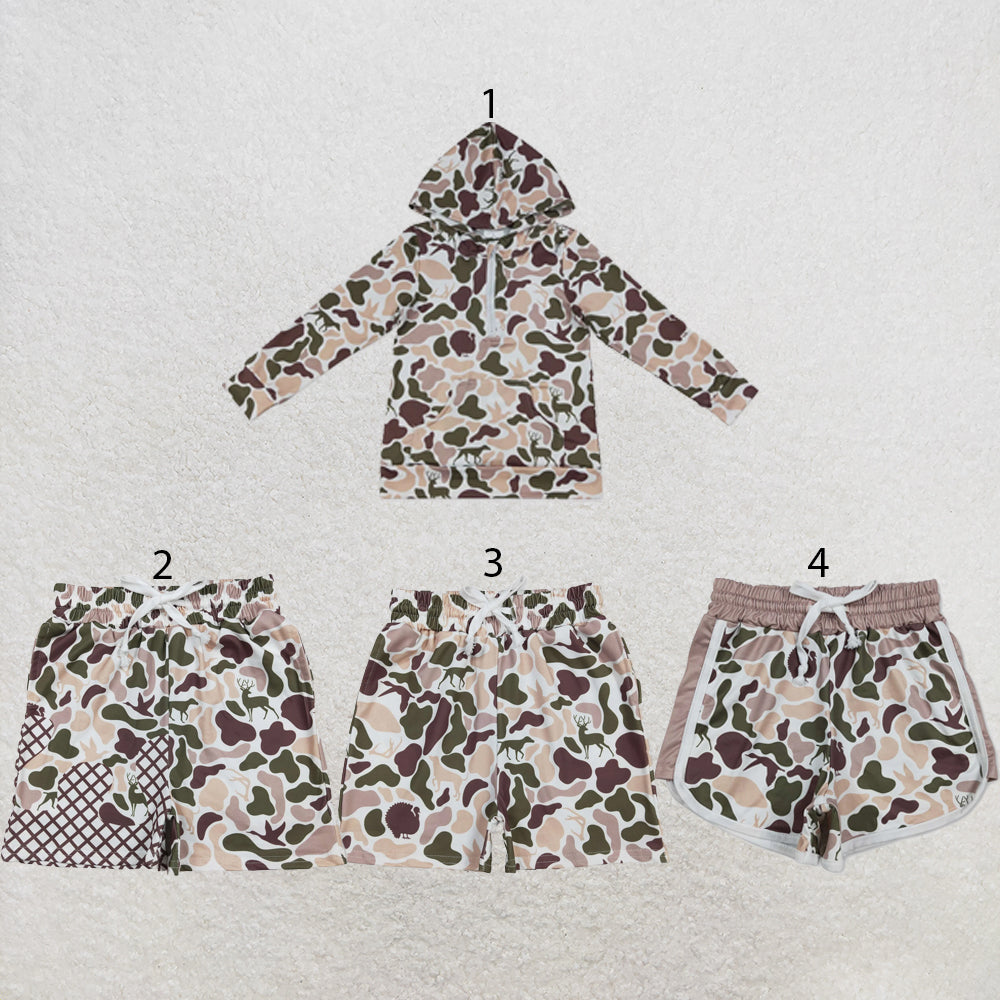 RTS NO MOQ Sibling milk silk Baby Boys Deer Dog Duck Camo Print Zip Pocket Hoodie Top Matching Pocket Shorts Two Piece Hunting Clothes Set