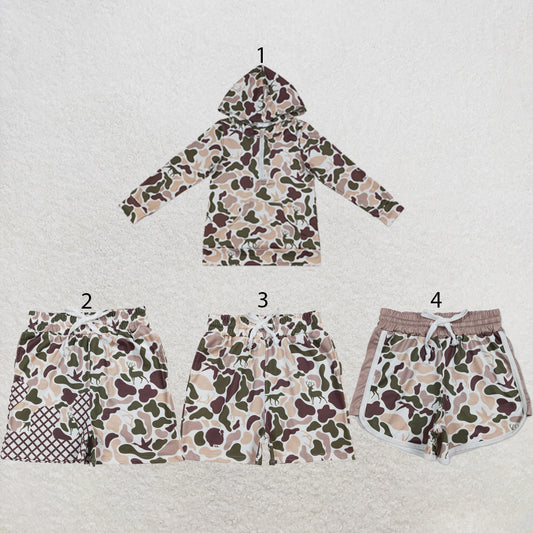 RTS NO MOQ Sibling milk silk Baby Boys Deer Dog Duck Camo Print Zip Pocket Hoodie Top Matching Pocket Shorts Two Piece Hunting Clothes Set