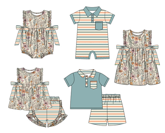 11.13 custom each style moq 5eta 4-6week Sibling Sister baby girl short sleeve shorts sets and sets 2 and girls romper and boy romper and dress match design