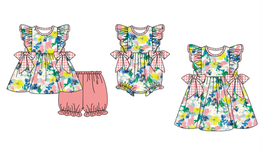 11.30 custom each style moq 5eta 4-6week Sibling Sister floral baby girl short sleeve shorts sets and dress and rompers match family design