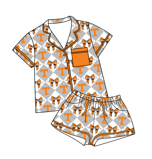 Custom moq 5 mix size orange Plaid Baby Pajamas Short-Sleeved Top And Shorts Team Outfit Comfortable Sleepwear for Infants