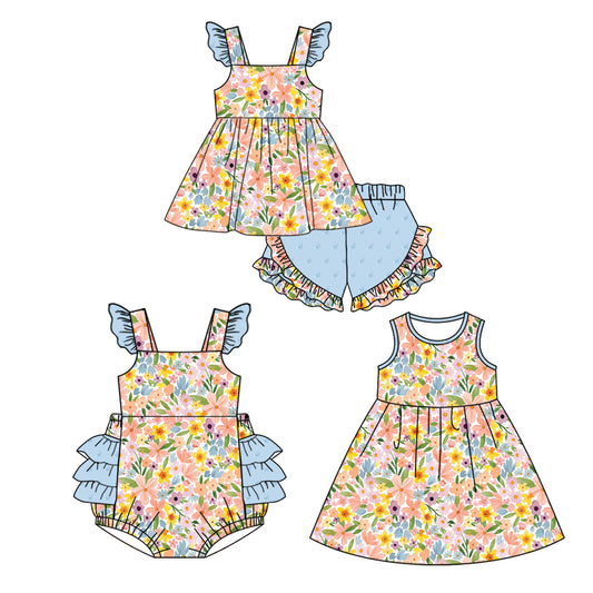 12.14 custom each style moq 5eta 4-6week Sibling Sister floral baby girl short sleeve shorts sets and dress and rompers match family design