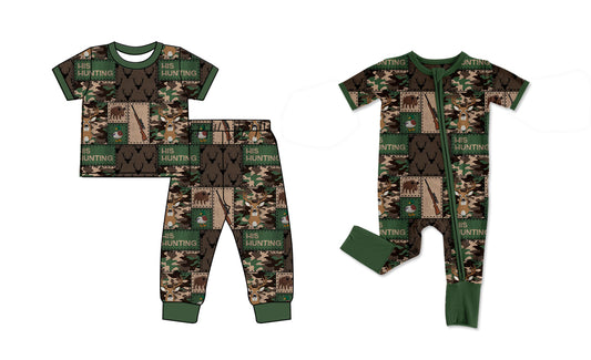 25.10.11 custom each style moq 5 eta 6-8week Sibling Sisters hunting baby boy clothes short sleeve pants sets and romper match family design