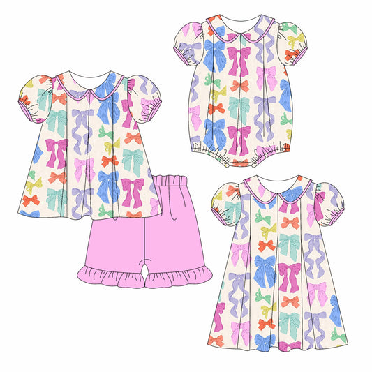 3.24 custom each style moq 5eta 4-6week Sibling Sisters bow baby girl short sleeve shorts sets and dress and rompers match family design