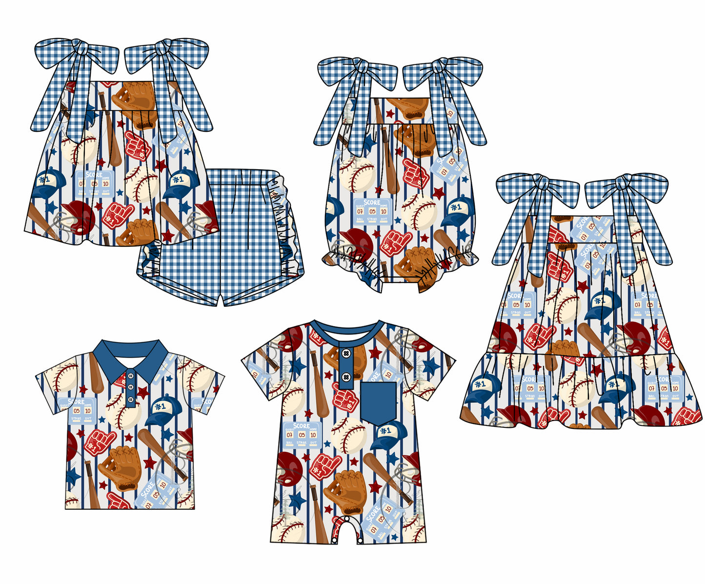12.3 custom each style moq 5eta 4-6week Sibling Sister baseball baby girl short sleeve shorts sets and sets 2 and girls romper and boy romper and dress match design